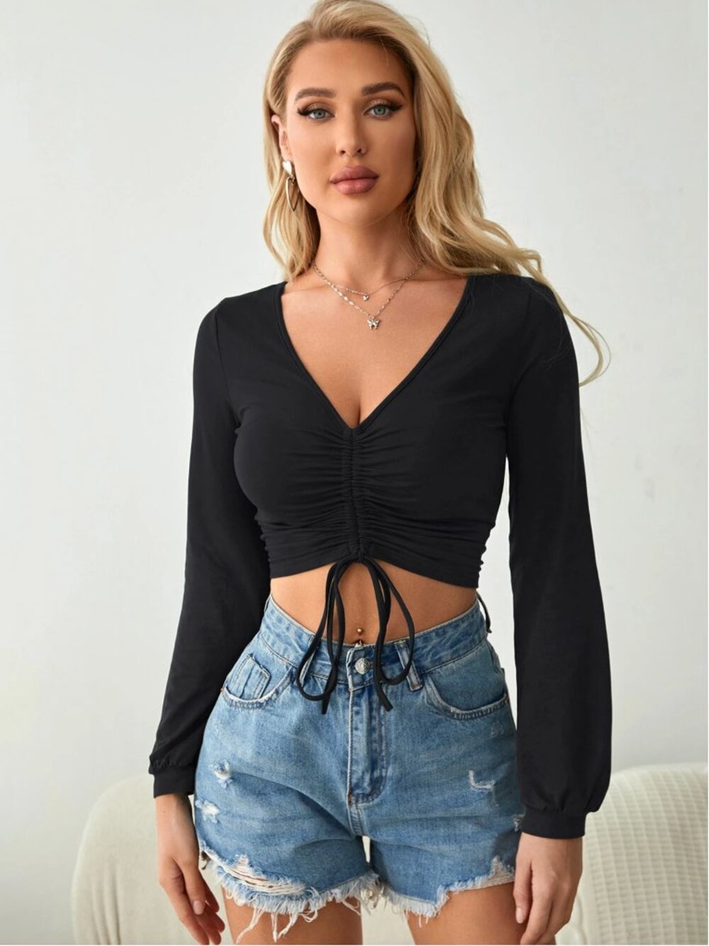 Shein Drawstring Front Bishop Crop V-Neck Long Sleeve